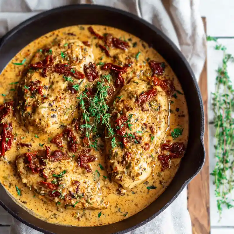 skillet of creamy sun-dried tomato chicken breasts in rich garlic herb sauce