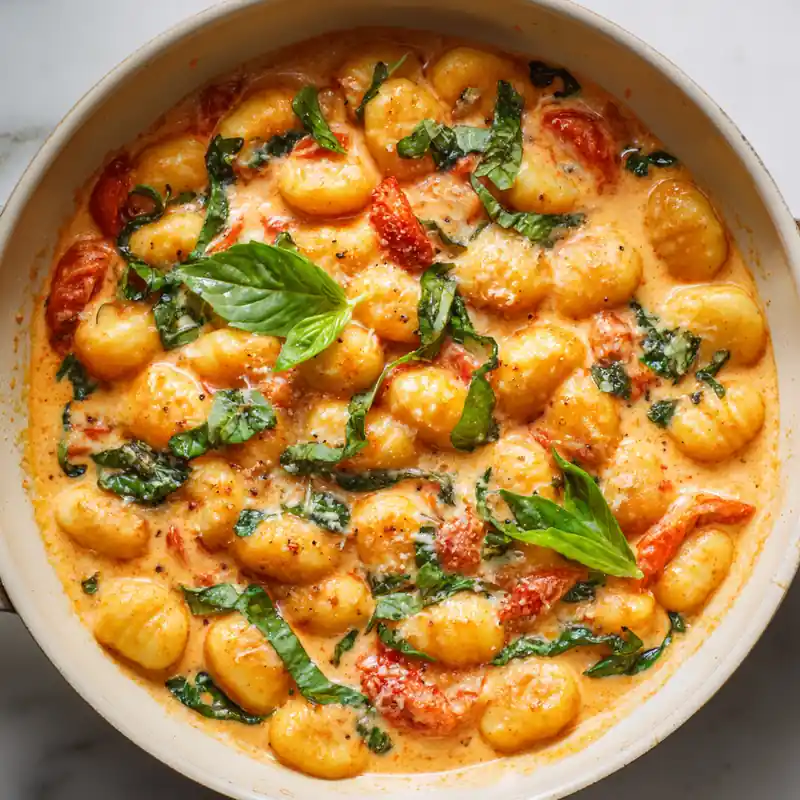 Skillet of creamy tomato basil gnocchi topped with fresh spinach and basil leaves