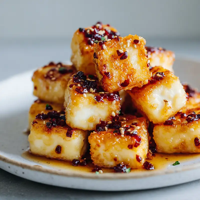 golden crispy air fryer halloumi bites drizzled with honey chili glaze and sesame seeds on plate