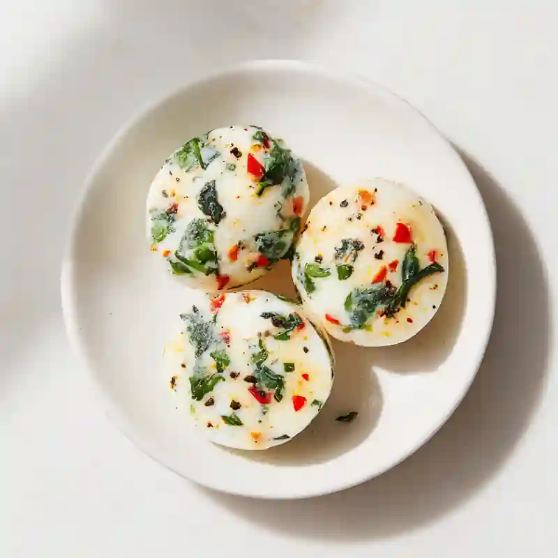 Three fluffy egg white bites with spinach and red pepper on a white plate, photographed in bright natural light.