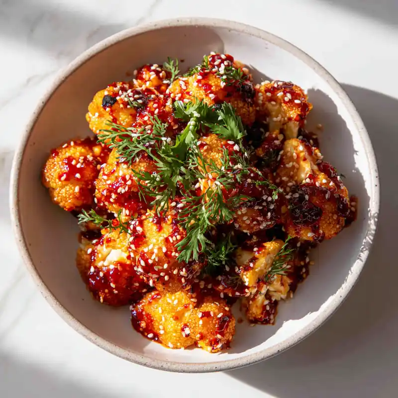 crispy gochujang honey cauliflower wings topped with sesame seeds and herbs in white bowl