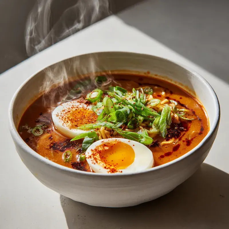 Steaming bowl of creamy gochujang ramen with soft-boiled eggs, scallions, and chili oil