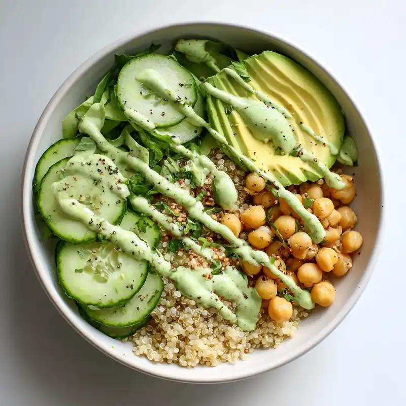 Quinoa bowl with chickpeas, avocado, cucumber, greens, and green goddess dressing