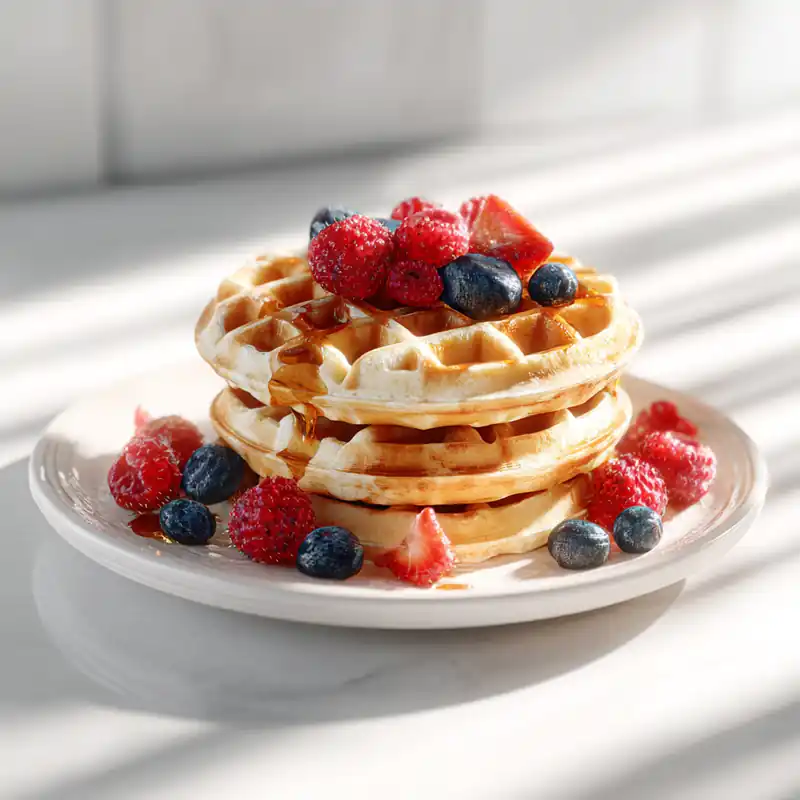 Stack of golden cottage cheese waffles topped with fresh berries and maple syrup on white plate