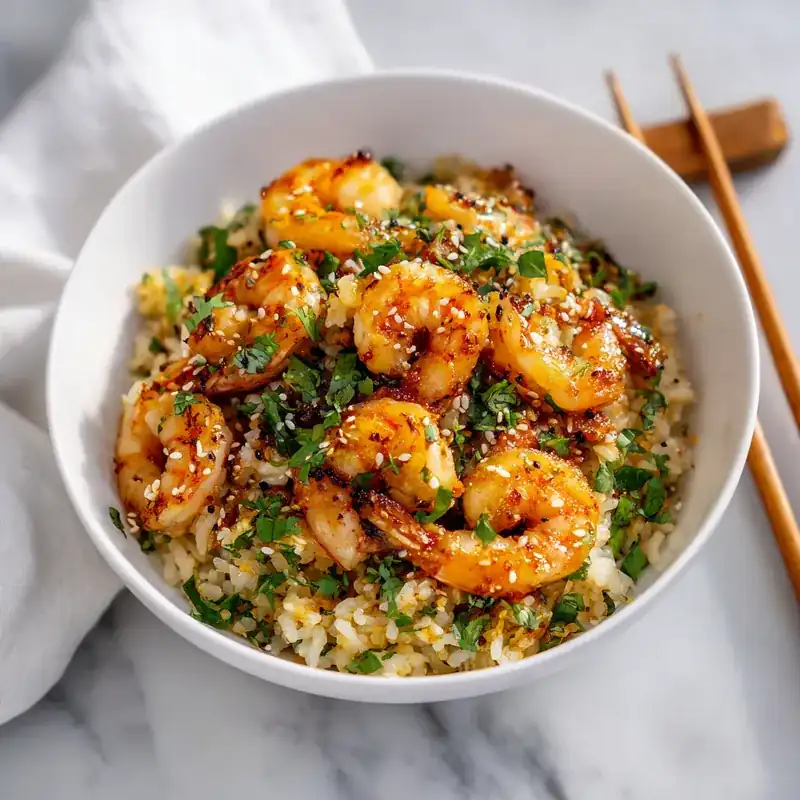 Honey garlic shrimp fried rice in a white bowl, topped with sesame seeds and fresh herbs