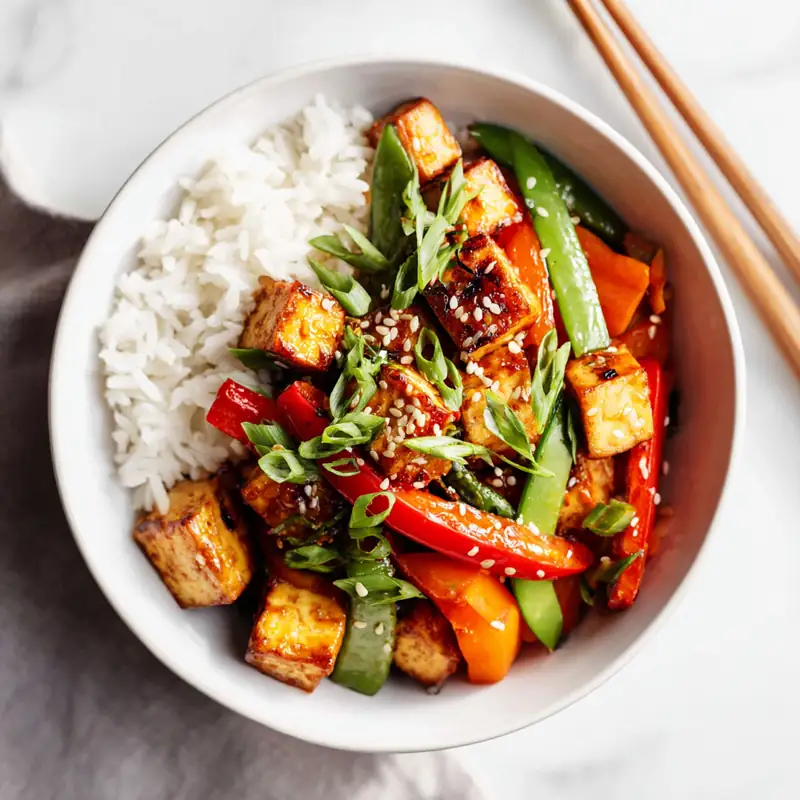 crispy tofu stir fry with bell peppers, snow peas, rice, sesame seeds in white bowl