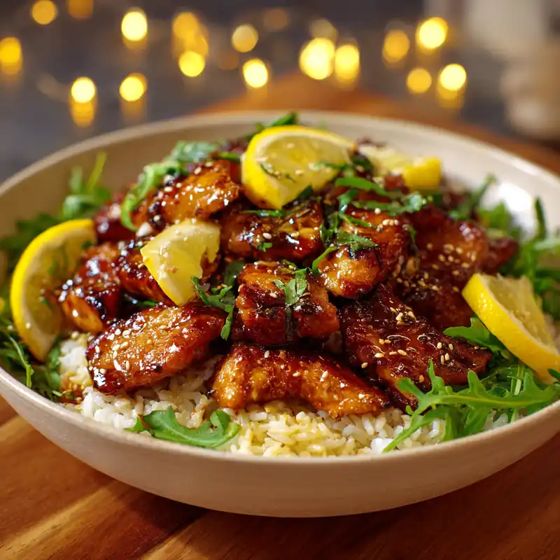 Glazed honey lemon chicken served over rice with lemon wedges and greens in a bowl