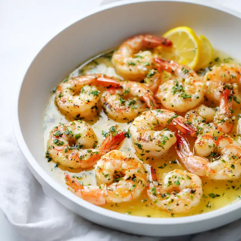 Juicy shrimp in honey lemon garlic glaze garnished with parsley and lemon slices in a white skillet