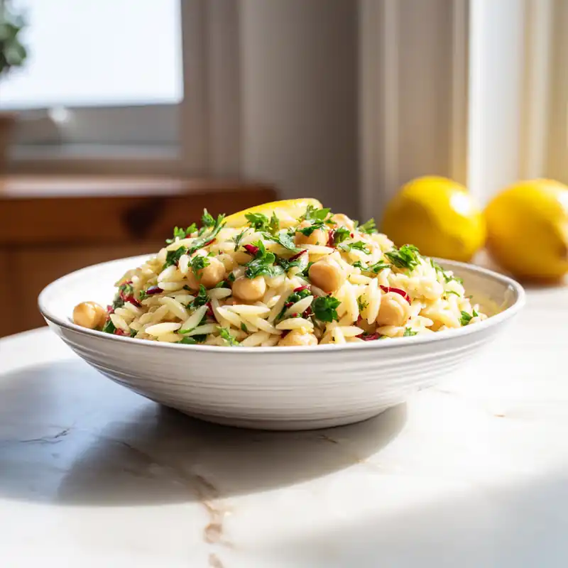 Bowl of lemon garlic orzo with chickpeas and parsley, garnished with lemon wedge