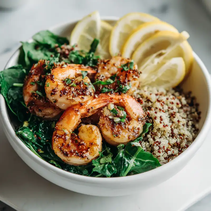 grilled shrimp quinoa bowl with spinach, lemon slices, and herbs in white bowl