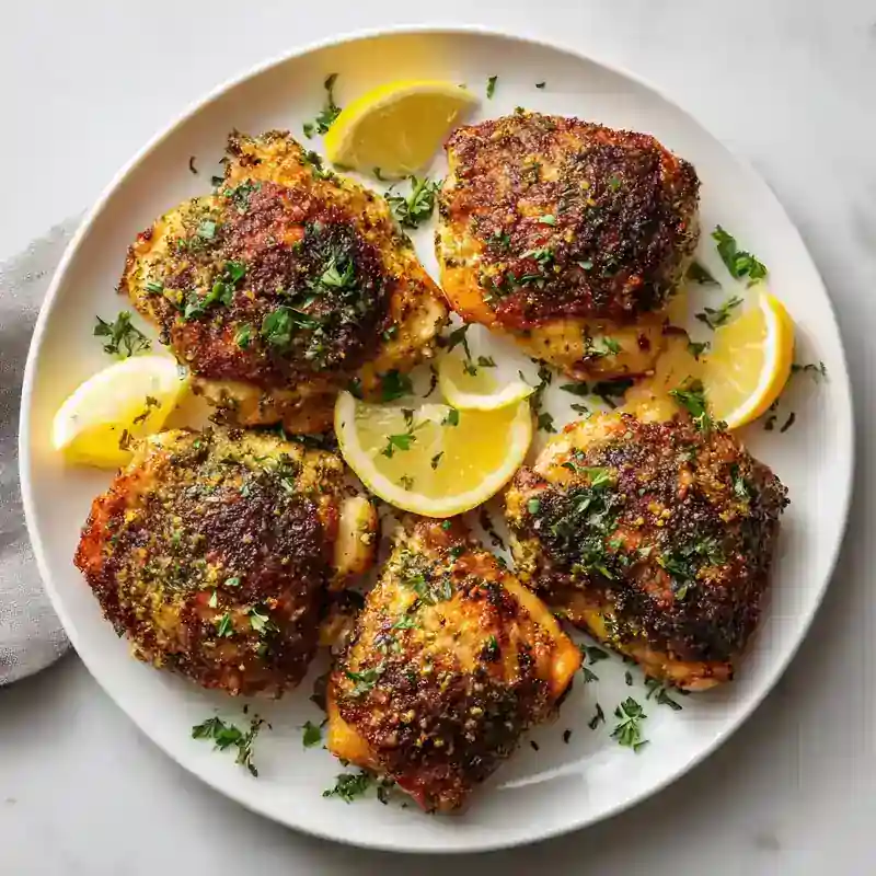 Crispy lemon herb chicken thighs with golden skin, fresh parsley, and lemon wedges