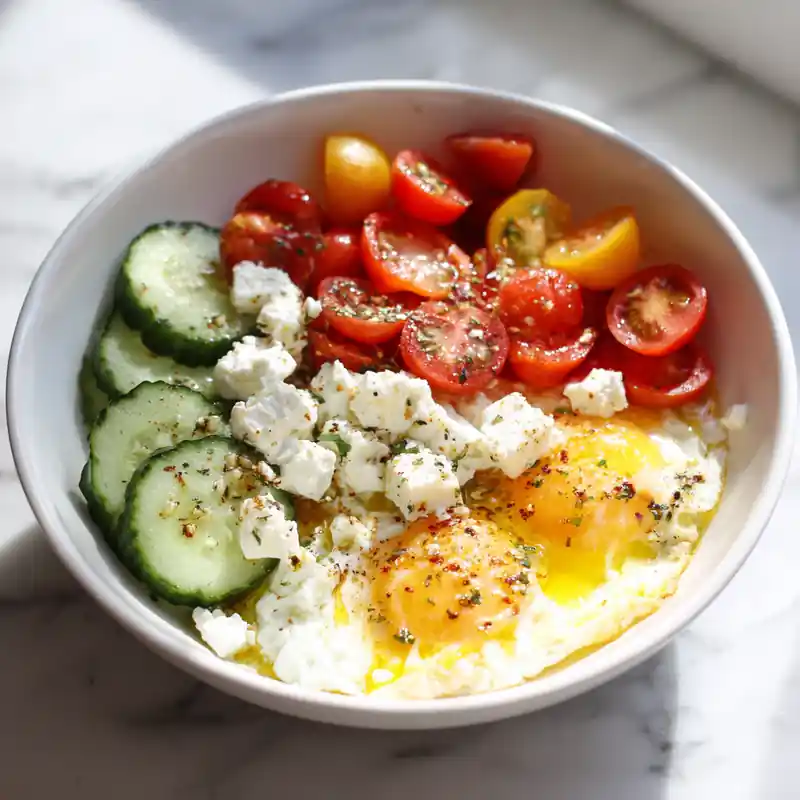 Mediterranean breakfast bowl with jammy eggs, cucumber, cherry tomatoes, and feta