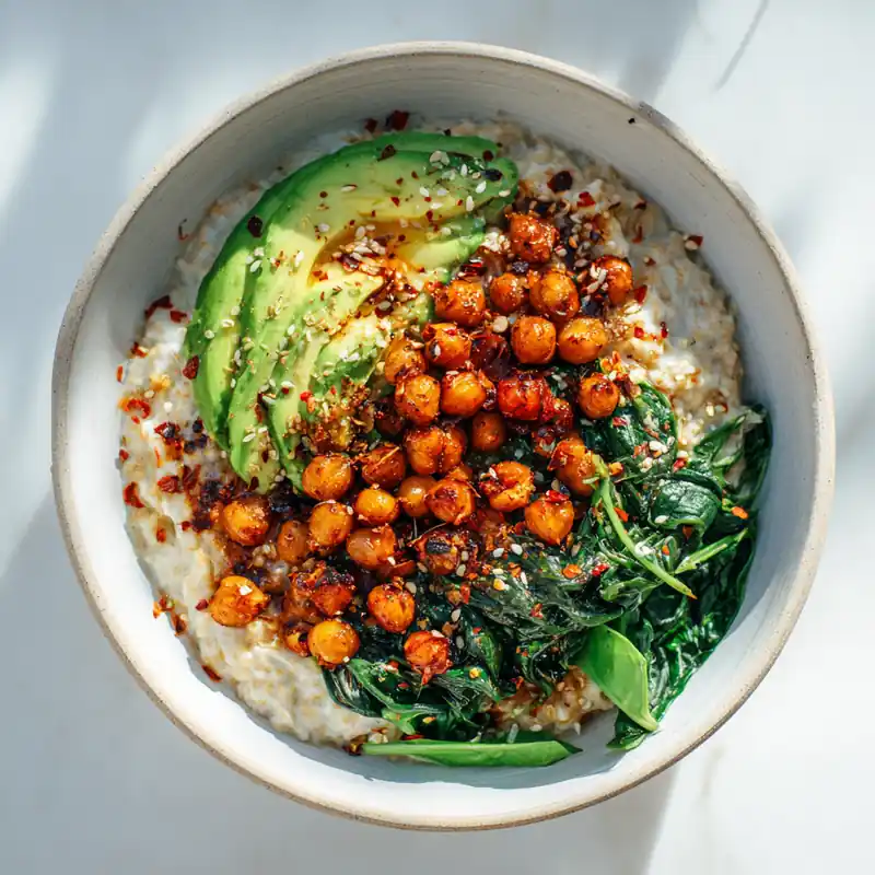 savory oatmeal bowl with crispy chickpeas, avocado slices, and sautéed spinach