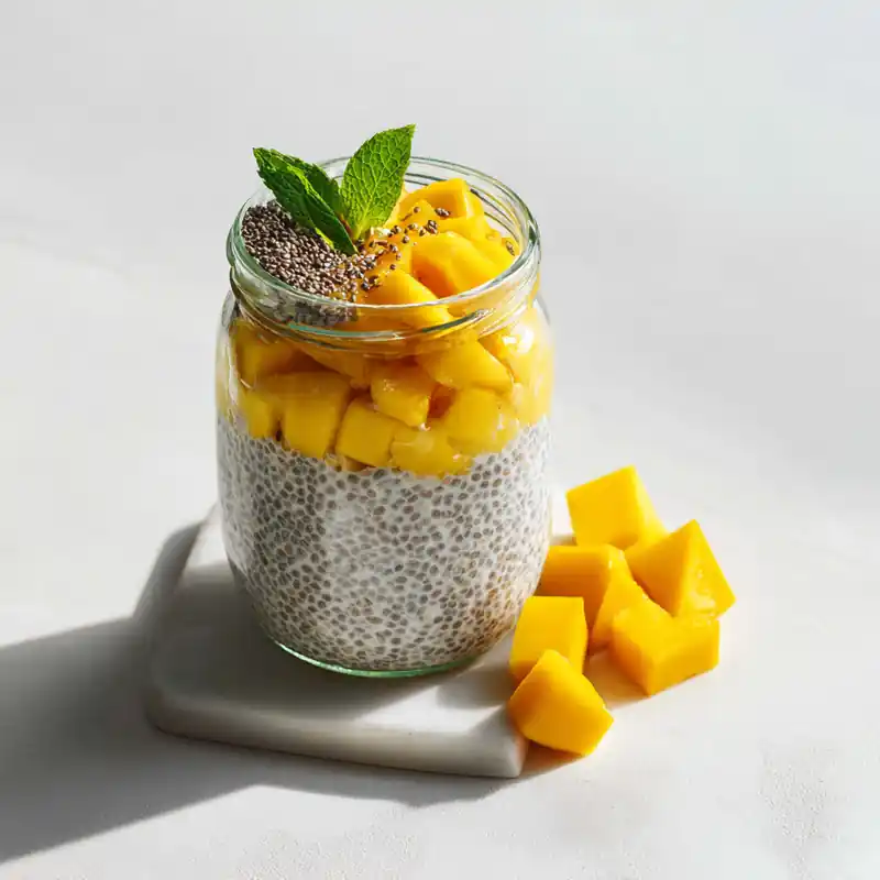 layered chia pudding jar with coconut milk and mango chunks on top