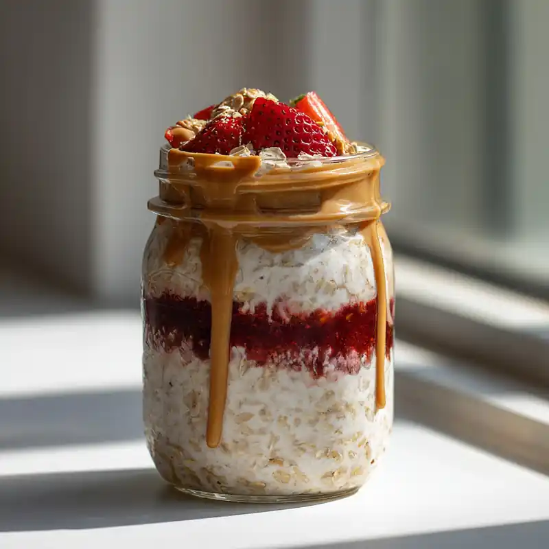 jar of overnight oats layered with peanut butter and berry jam, topped with fresh strawberries