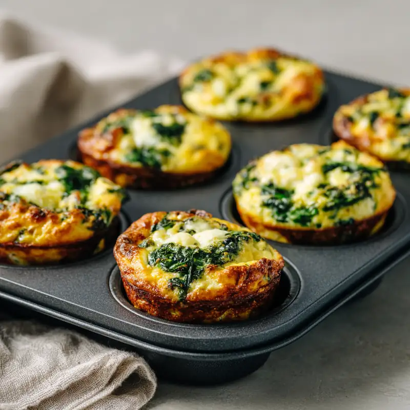 Baked spinach egg white muffins in a nonstick muffin pan with golden edges and feta topping