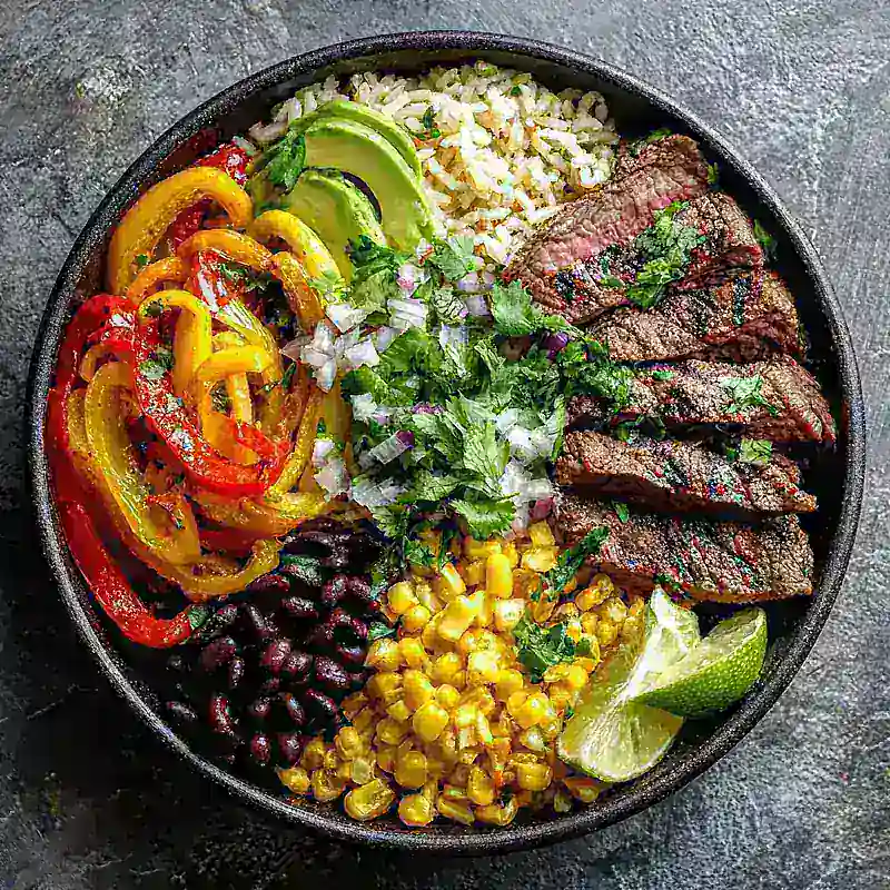 steak fajita bowls with rice, black beans, corn, bell peppers, avocado, red onions, cilantro, and lime wedges