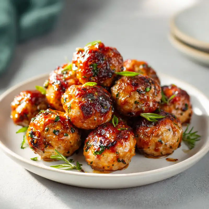Sticky honey garlic chicken meatballs glazed with sriracha soy sauce, garnished with green onions on a ceramic plate