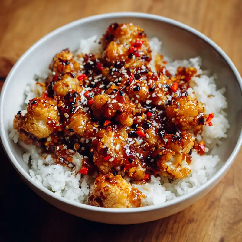 bowl of rice topped with crispy cauliflower coated in sweet chili sauce and sesame seeds