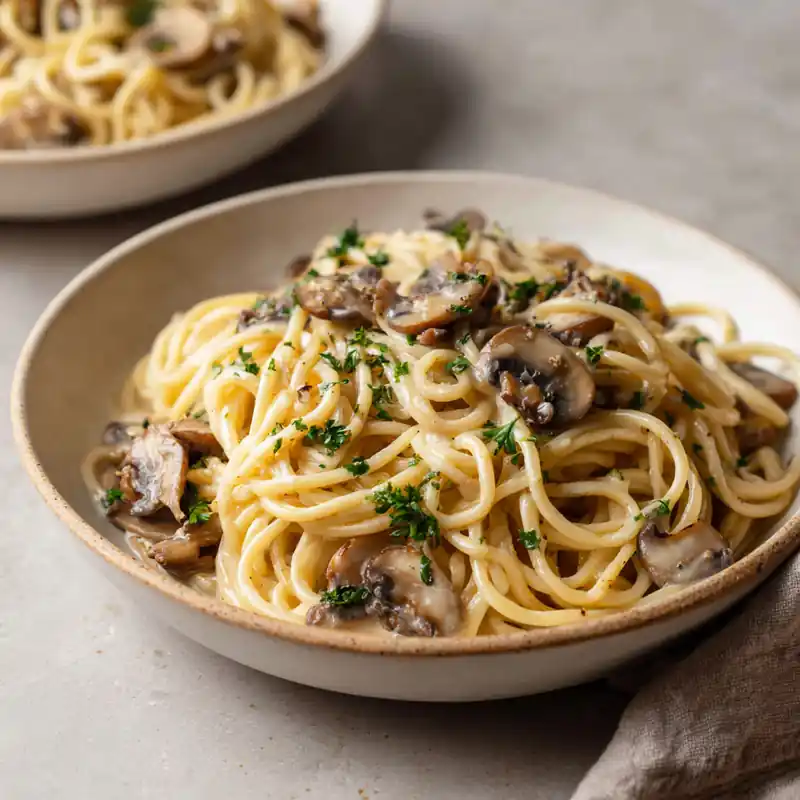 creamy spaghetti with mushrooms and parsley in a shallow bowl