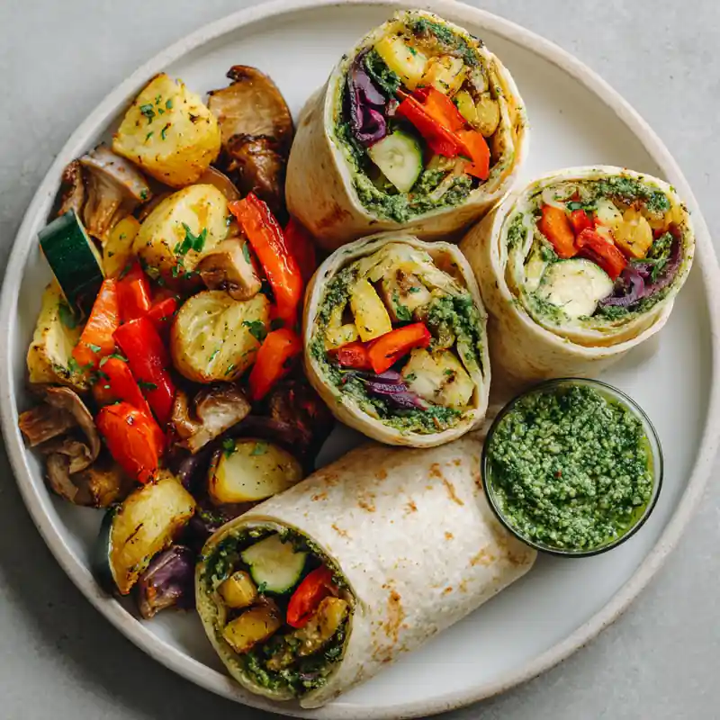 sliced veggie wraps with pesto and roasted vegetables on a plate with a side of potatoes