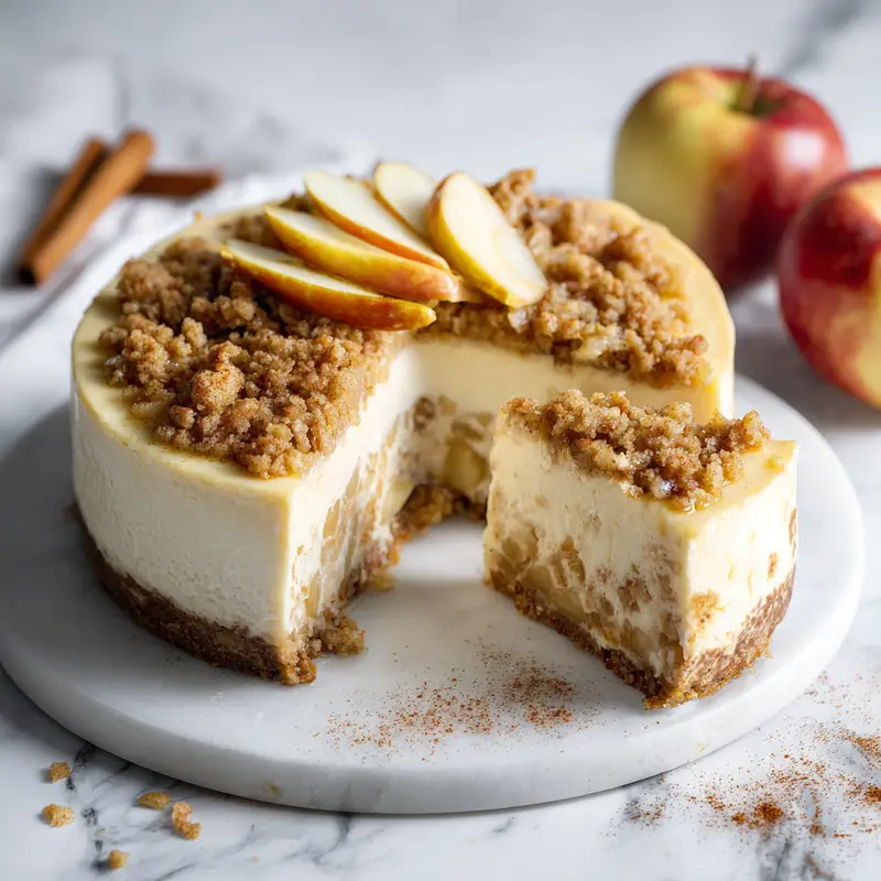 Creamy apple crumble cheesecake with streusel topping and fresh apple slices on a marble board