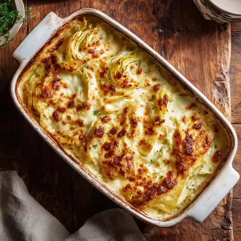 Freshly baked cabbage lasagna recipe in a white baking dish