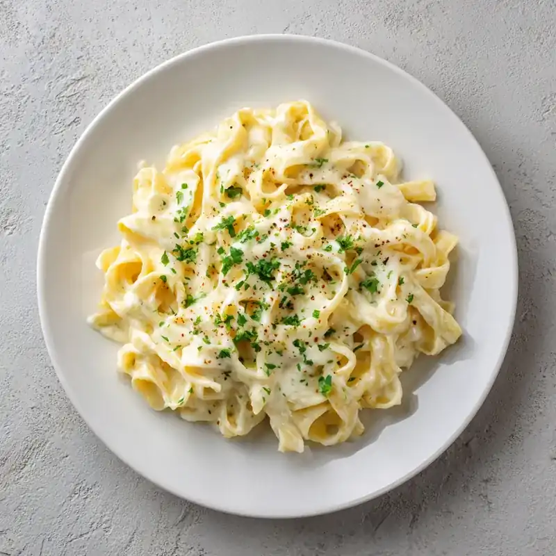 Creamy cottage cheese alfredo pasta topped with fresh parsley in a white bowl