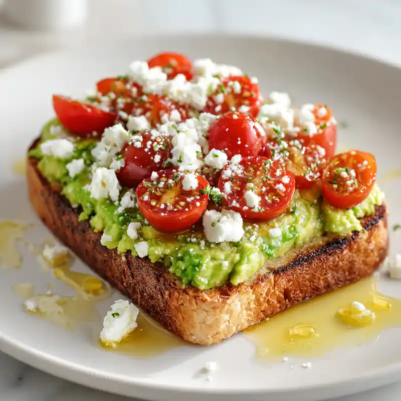 Toast topped with mashed avocado, cherry tomatoes, feta cheese, and olive oil