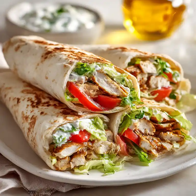 Greek chicken pita wraps with tzatziki, tomatoes, lettuce, and grilled flatbread