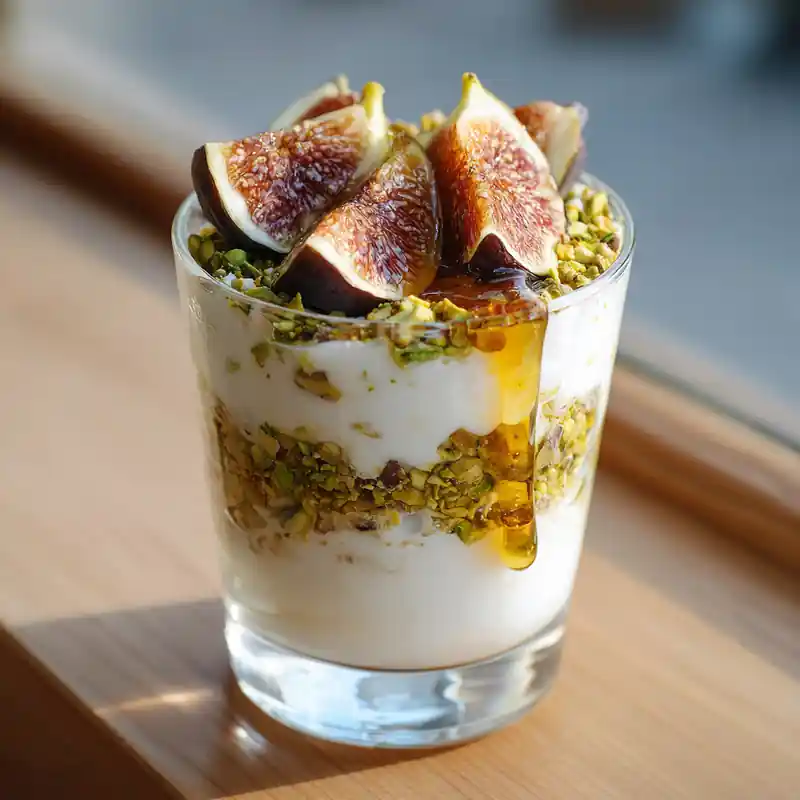 Greek yogurt parfait layered with pistachios, figs, and honey in a clear glass