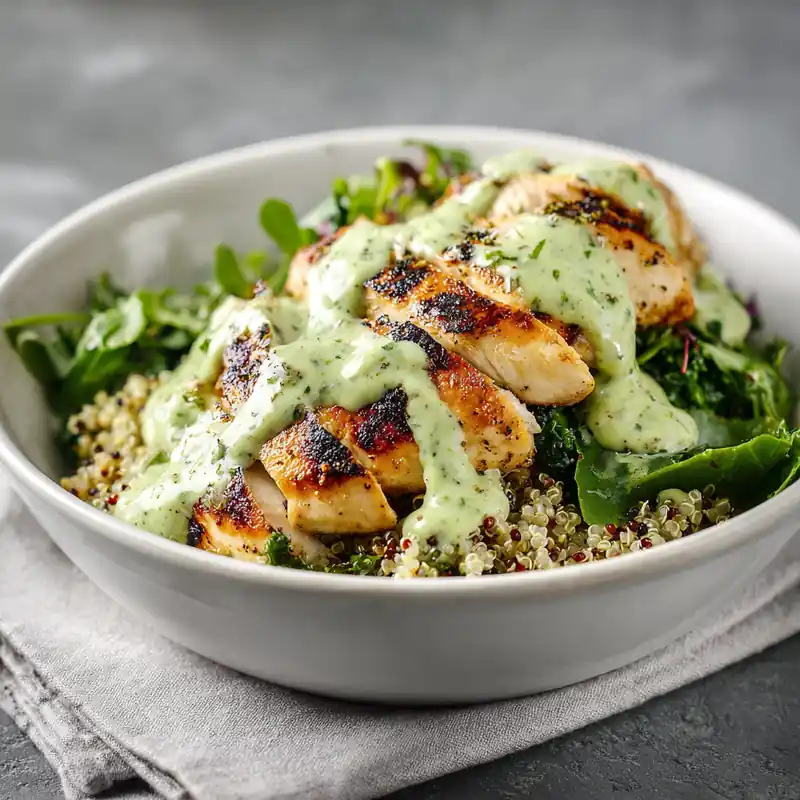 grilled chicken over quinoa and greens drizzled with creamy green goddess herb dressing