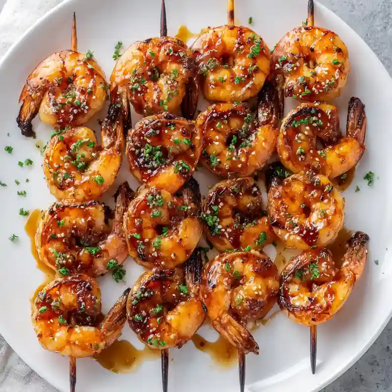 Grilled honey garlic shrimp skewers glazed with sauce and garnished with fresh herbs on a white plate