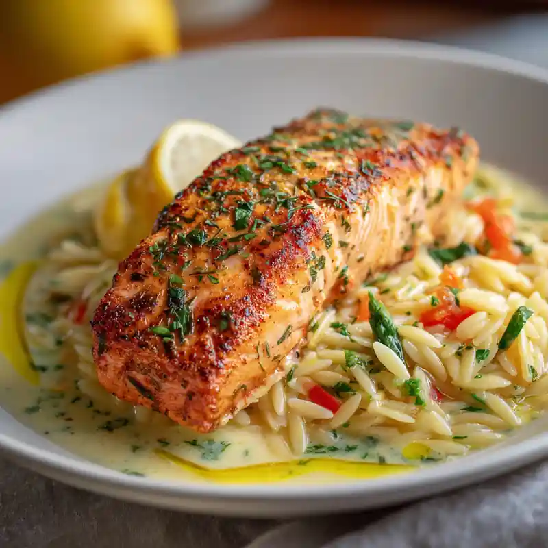 lemon herb salmon with garlic orzo , Herb-crusted salmon fillet over creamy garlic orzo with lemon slices and parsley garnish