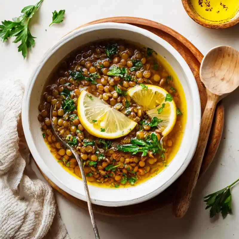 Bowl of Mediterranean lentil soup garnished with lemon slices and fresh parsley