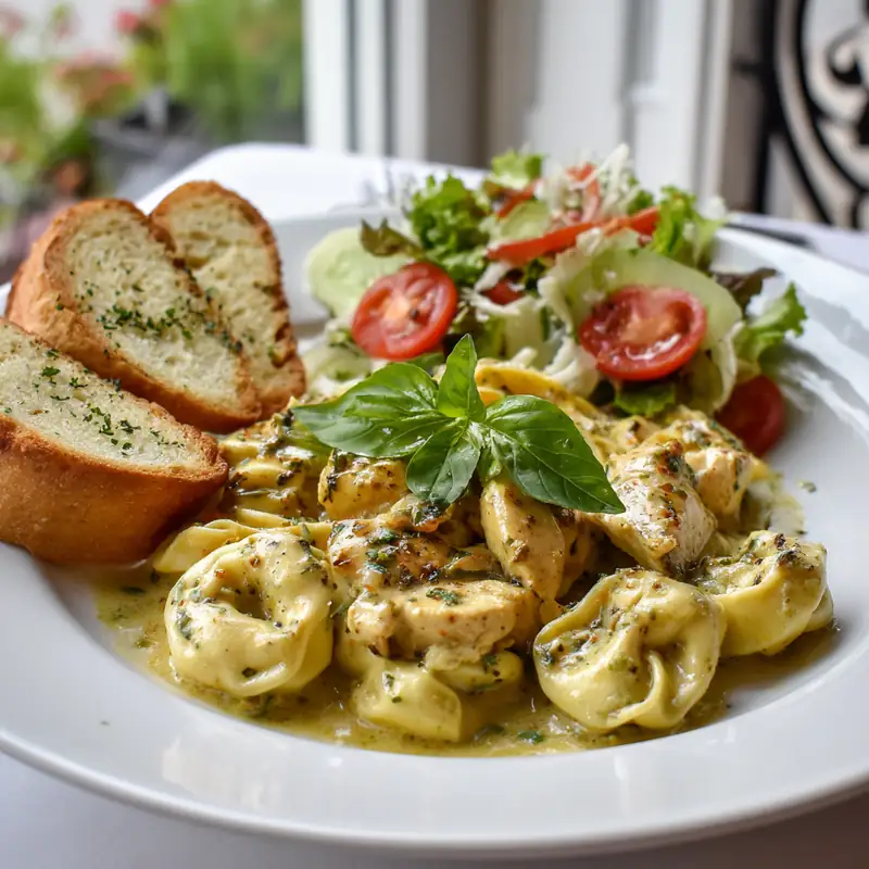 Plate of creamy pesto chicken tortellini served with garlic bread and fresh garden salad near a sunny window
