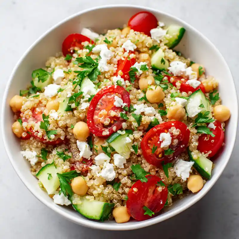 Mediterranean quinoa salad with chickpeas, cherry tomatoes, cucumber, feta, and parsley