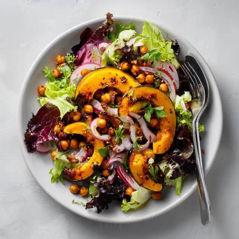 Roasted squash salad with crispy chickpeas, red onion, and fresh greens on a white plate
