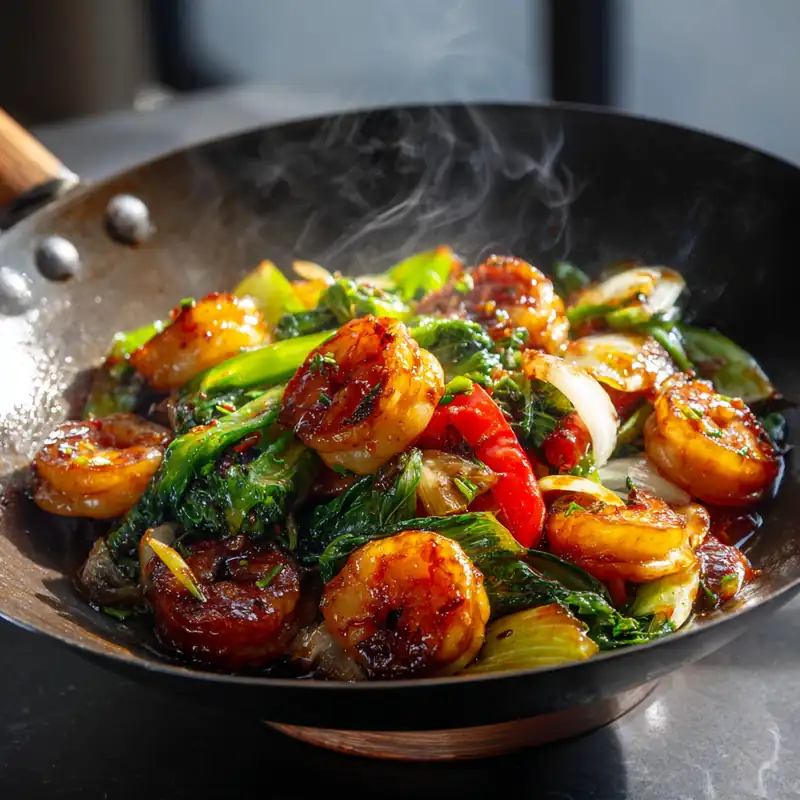 shrimp stir-fry with with bok choy, bell peppers, and onions in a wok with steam rising