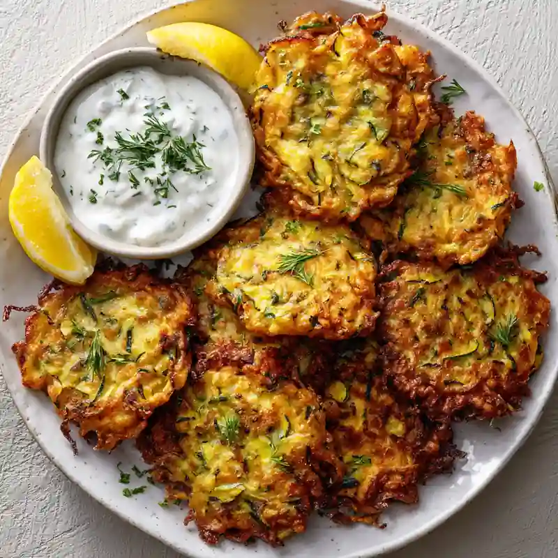 Olive Oil Zucchini Fritters with Yogurt Dip For Breakfast and Brunch