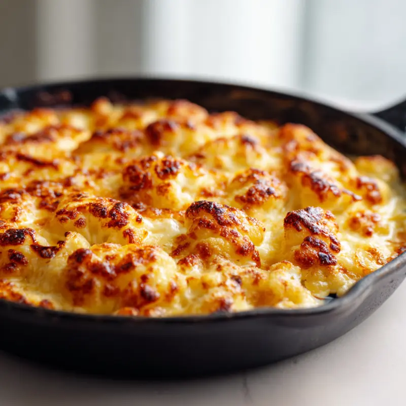 Golden baked cheesy cauliflower in cast iron skillet with crispy topping