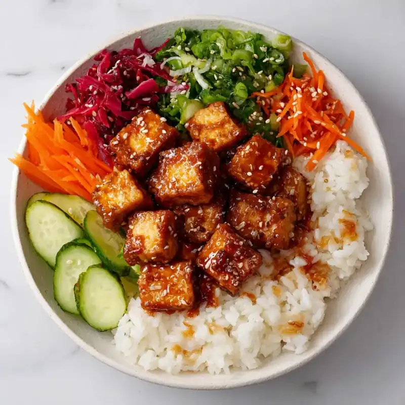 Crispy tofu bowl with rice, carrots, cucumber, and creamy gochujang sauce