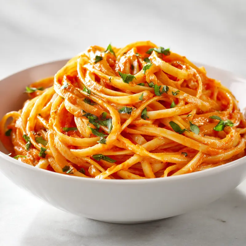 Creamy roasted red pepper pasta with fresh parsley in a white bowl on marble background
