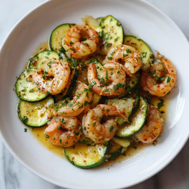 Sautéed lemon garlic shrimp with sliced zucchini in herb butter sauce on white plate