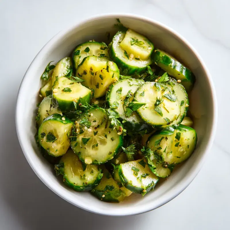 Bowl of sliced cucumber pickle de gallo with herbs and spices